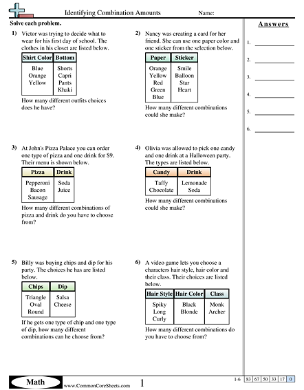 Identifying Combination Amounts Worksheet - Identifying Combination Amounts worksheet